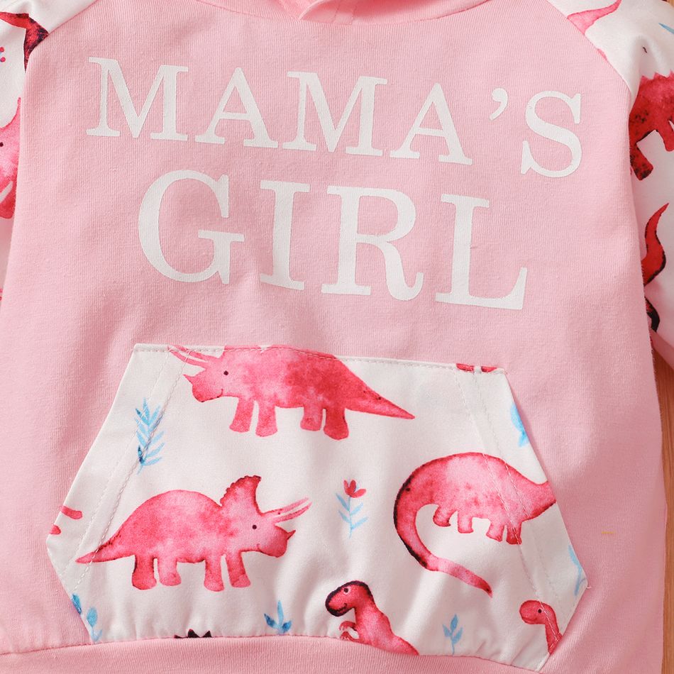 2pcs Baby Letter and Dinosaur Print Pink Long-sleeve Hoodie and Trousers Set Light Pink big image 5