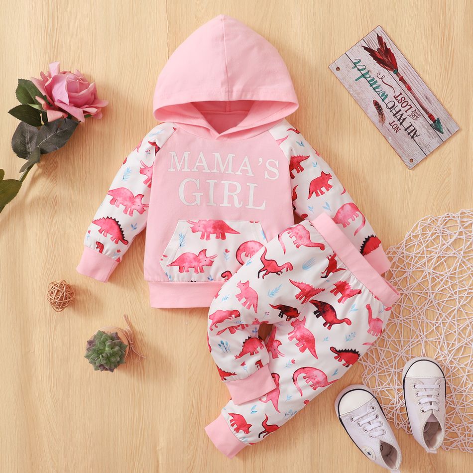 2pcs Baby Letter and Dinosaur Print Pink Long-sleeve Hoodie and Trousers Set Light Pink big image 2