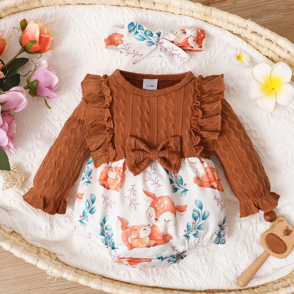 2pcs Baby Girl Brown Imitation Knitting Long-sleeve Splicing Cartoon Fox Print Romper Set Brown
