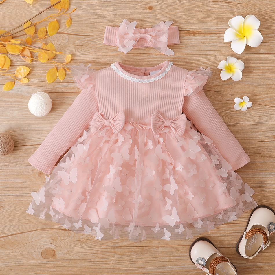 Baby Girl Pink Ribbed Long-sleeve 3D Butterfly/Floral Embroidered Mesh Dresses Light Pink big image 1