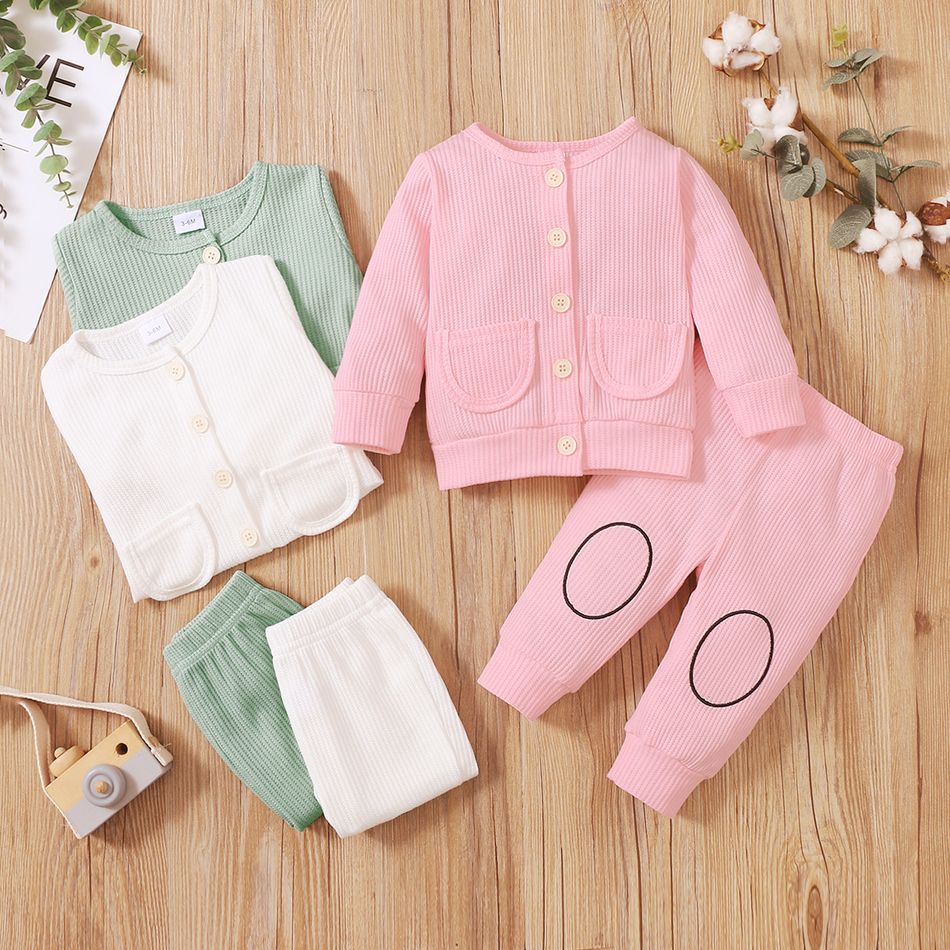 2pcs Baby Girl Solid Waffle Knit Button Long-sleeve Top and Trousers Set White big image 6