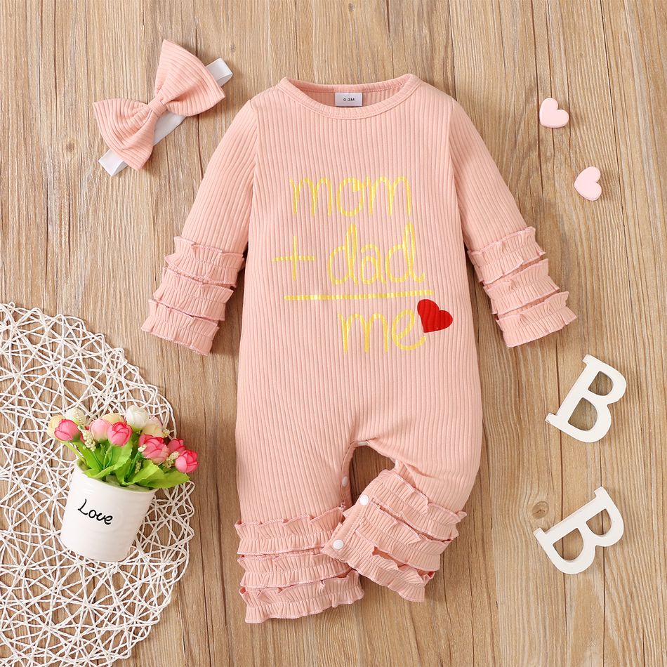 2pcs Baby Girl Love Heart and Letter Print Layered Ruffle Ribbed Long-sleeve Jumpsuit with Headband Set Pink