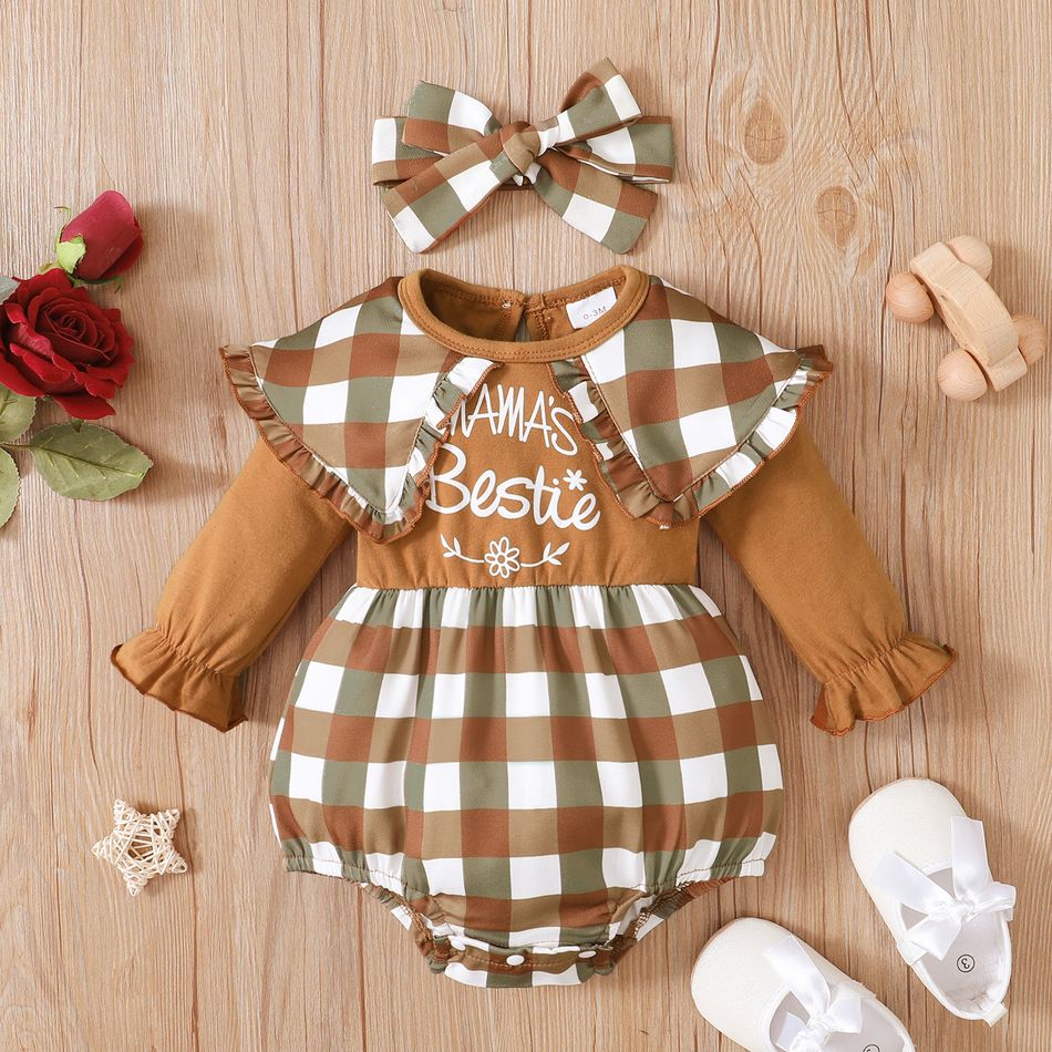 2pcs Baby Girl Letter Print Brown Plaid Cape Collar Ruffle Long-sleeve Romper with Headband Set Brown
