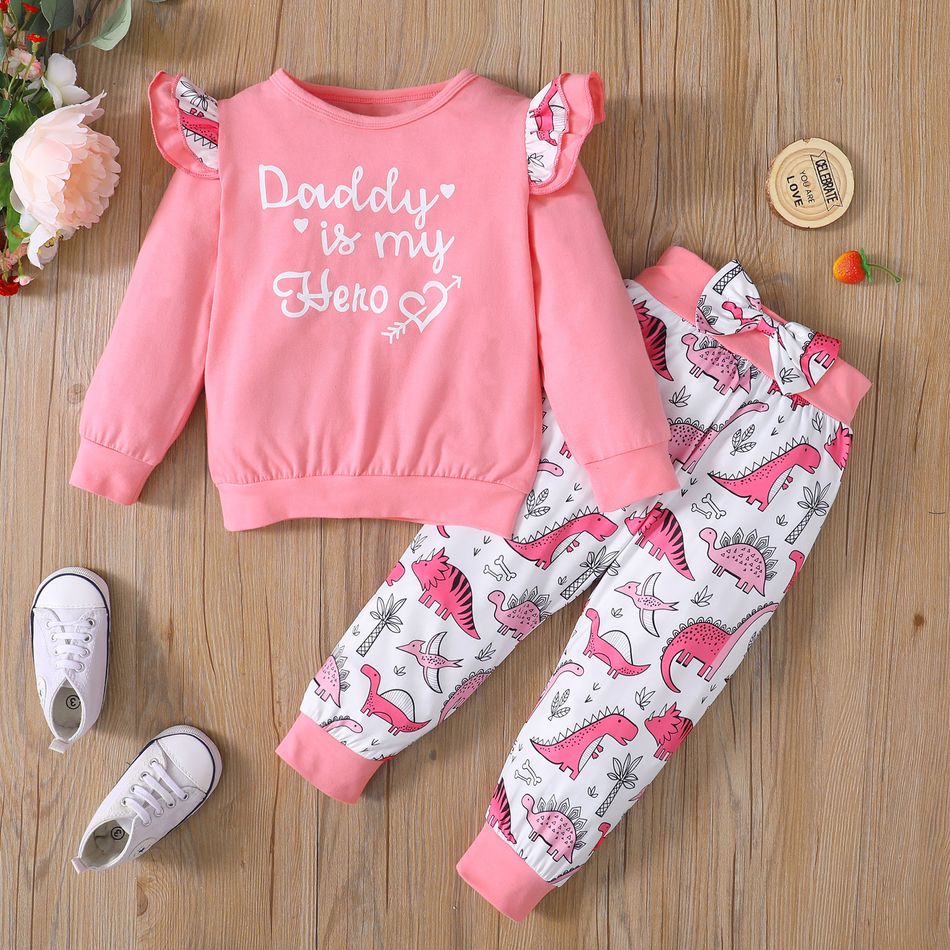 2-piece Toddler Girl Ruffled Letter Print Pink Sweatshirt and Bowknot Design Dinosaur Print Pants Set Pink
