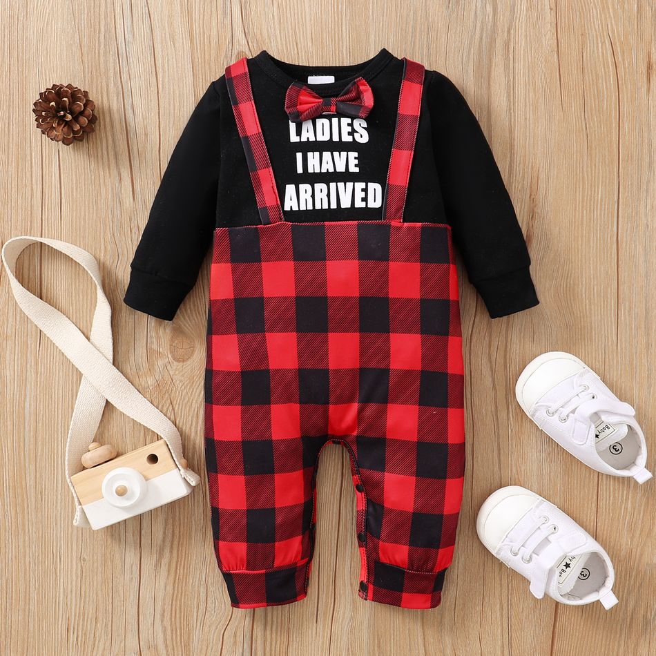 Baby Boy Letter Print Long-sleeve Faux-two Red Plaid Bow Tie Gentleman Jumpsuit Black