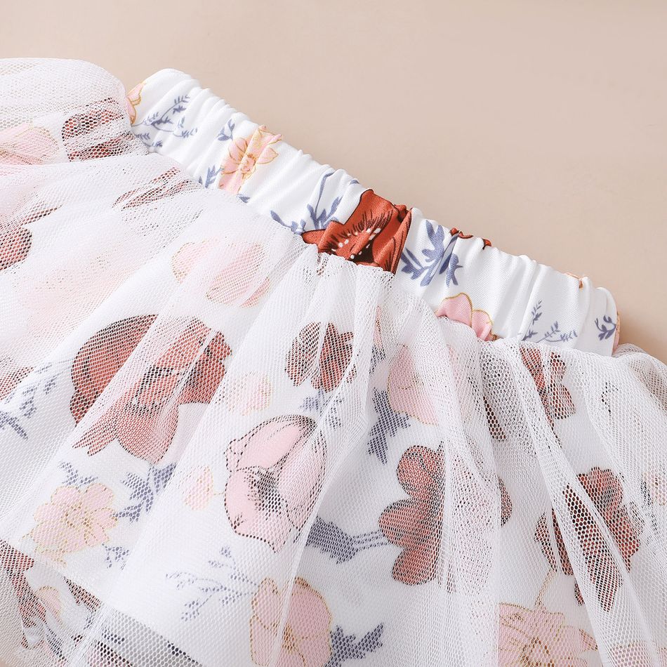 2pcs Baby Girl 95% Cotton Sleeveless Halter Neck Top and Floral Print Mesh Skirted Shorts Set Khaki