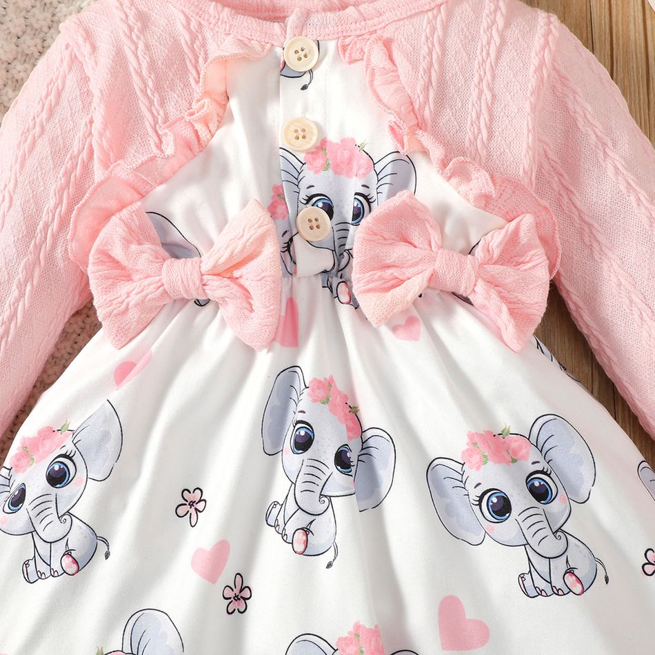 2pcs Baby Girl Frill Trim Bow Front Textured Long-sleeve Spliced Allover Elephant Print Dress with Headband Set Pink big image 4