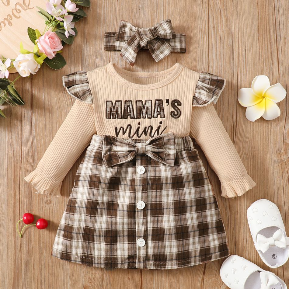 2pcs Baby Girl Long-sleeve Letter Embroidered Rib Knit Spliced Plaid Bow Front Dress with Headband Set Brown