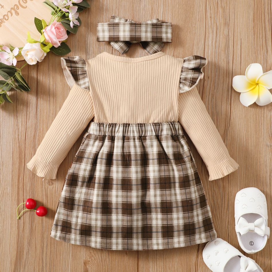 2pcs Baby Girl Long-sleeve Letter Embroidered Rib Knit Spliced Plaid Bow Front Dress with Headband Set Brown big image 2