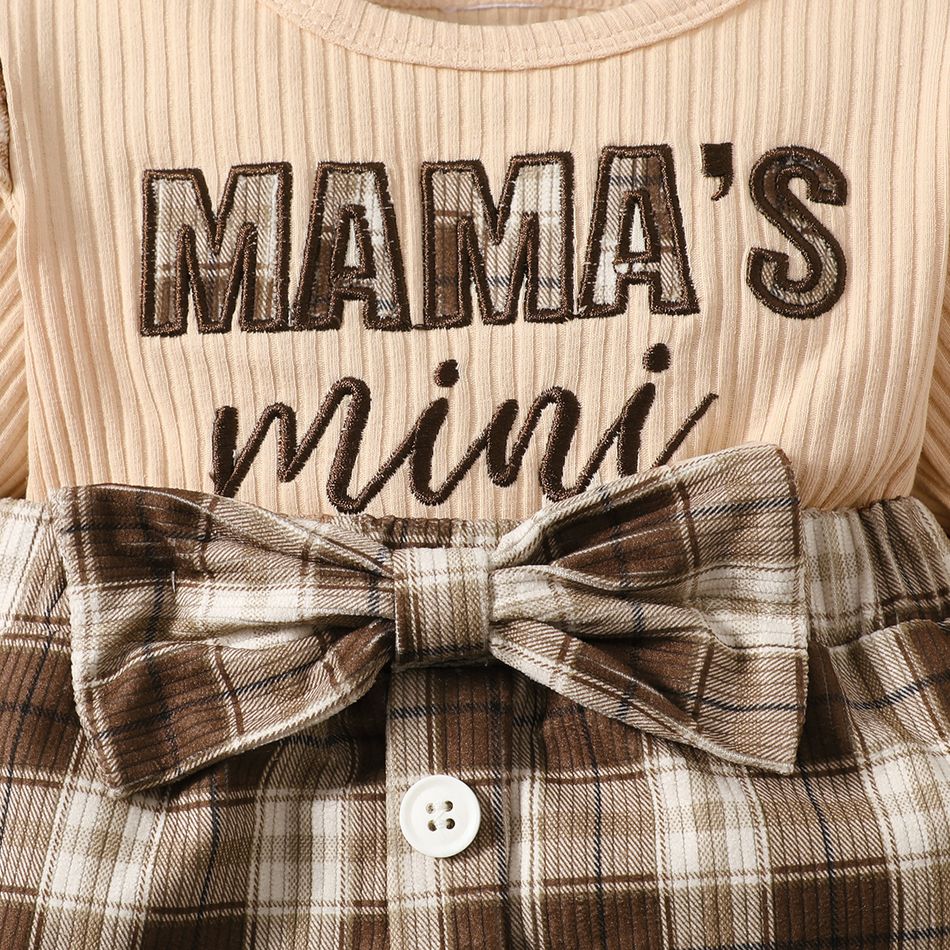 2pcs Baby Girl Long-sleeve Letter Embroidered Rib Knit Spliced Plaid Bow Front Dress with Headband Set Brown big image 5