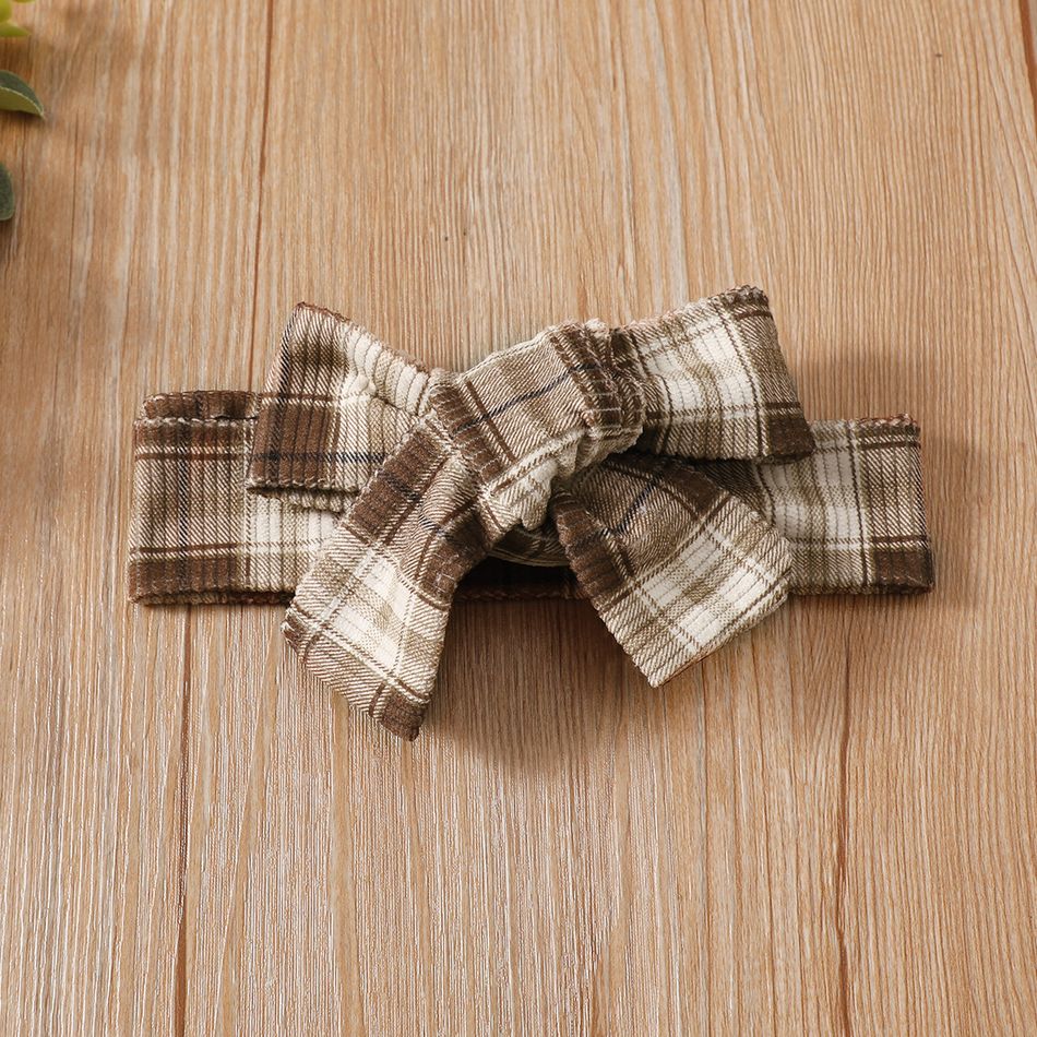 2pcs Baby Girl Long-sleeve Letter Embroidered Rib Knit Spliced Plaid Bow Front Dress with Headband Set Brown big image 4