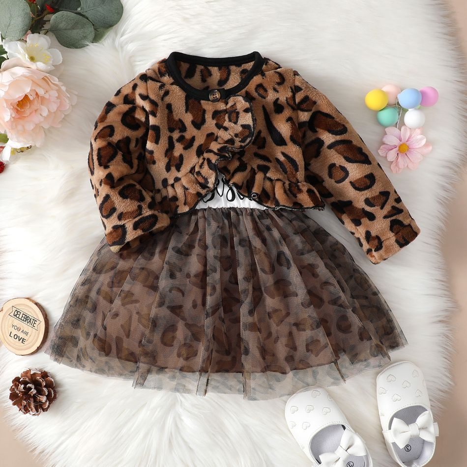 2pcs Baby Girl 95% Cotton Letter Print Spliced Mesh Cami Dress and Leopard Print Ruffle Trim Thermal Fuzzy Coat Set Brown big image 2