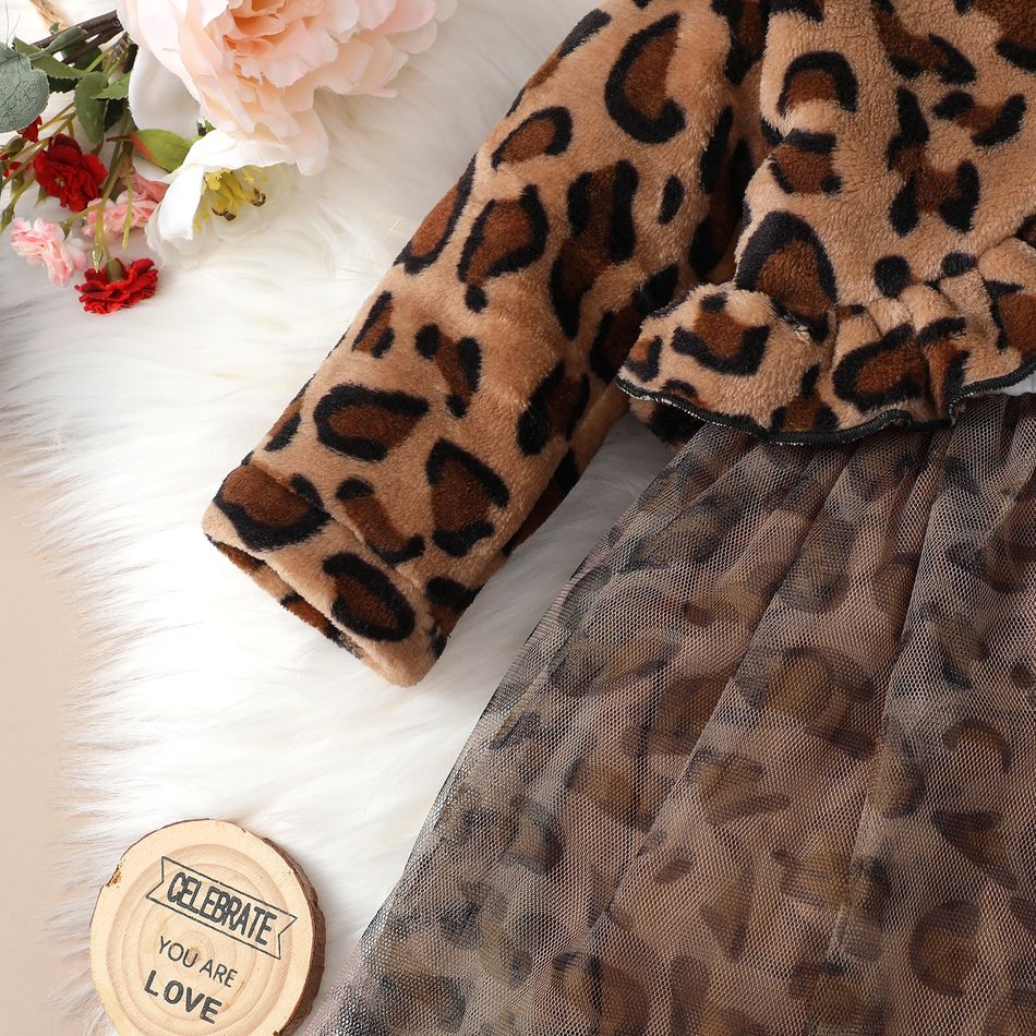 2pcs Baby Girl 95% Cotton Letter Print Spliced Mesh Cami Dress and Leopard Print Ruffle Trim Thermal Fuzzy Coat Set Brown big image 6