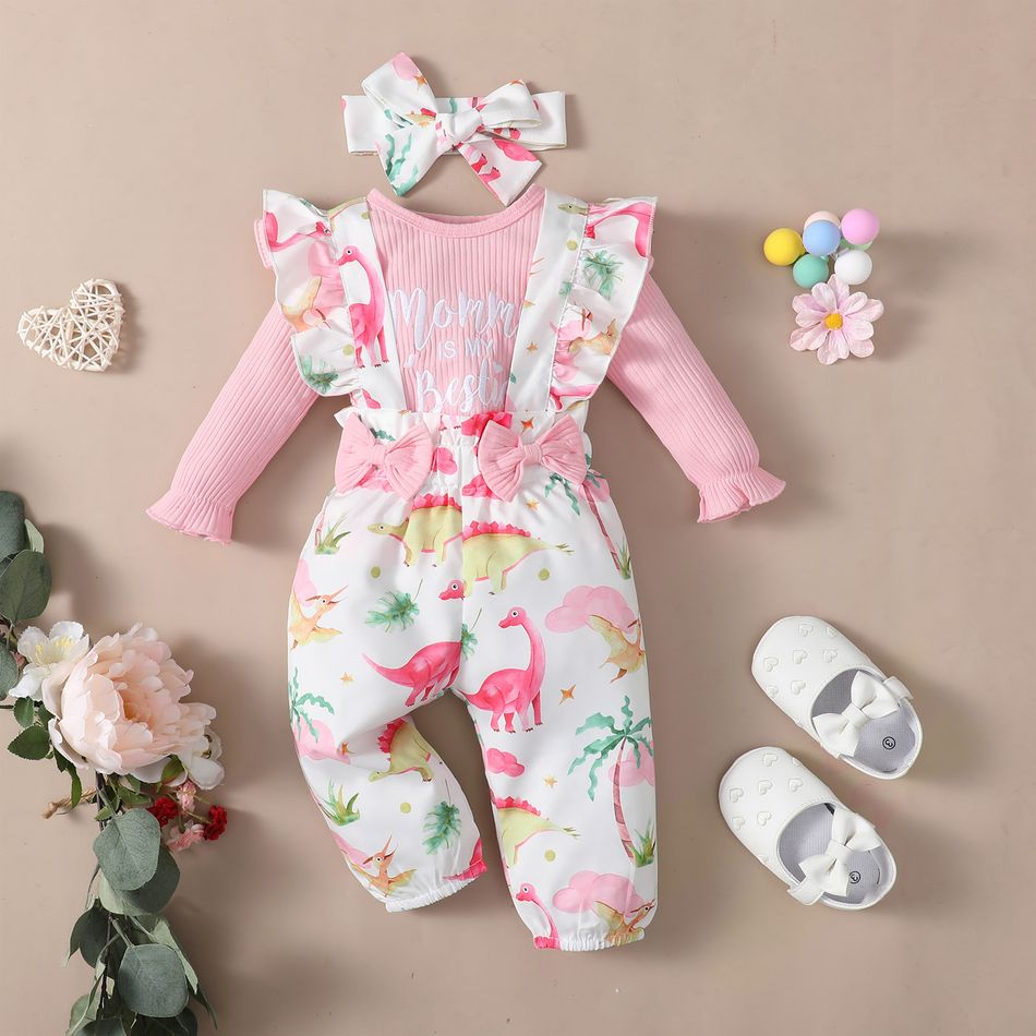 3pcs Baby Girl 95% Cotton Rib Knit Letter Print Long-sleeve Top and Allover Dinosaur Print Ruffle Overalls with Headband Set Pink big image 2
