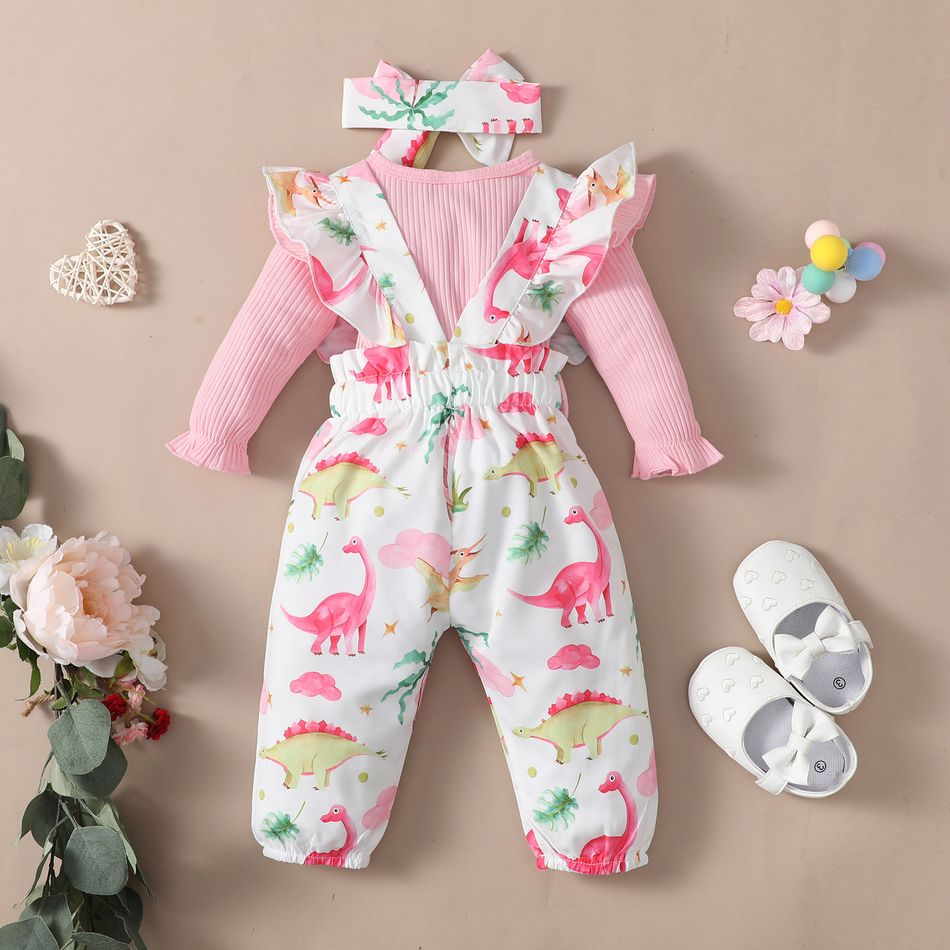 3pcs Baby Girl 95% Cotton Rib Knit Letter Print Long-sleeve Top and Allover Dinosaur Print Ruffle Overalls with Headband Set Pink big image 3