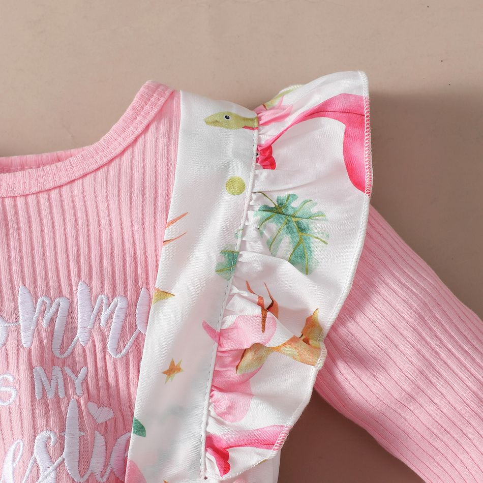 3pcs Baby Girl 95% Cotton Rib Knit Letter Print Long-sleeve Top and Allover Dinosaur Print Ruffle Overalls with Headband Set Pink big image 4