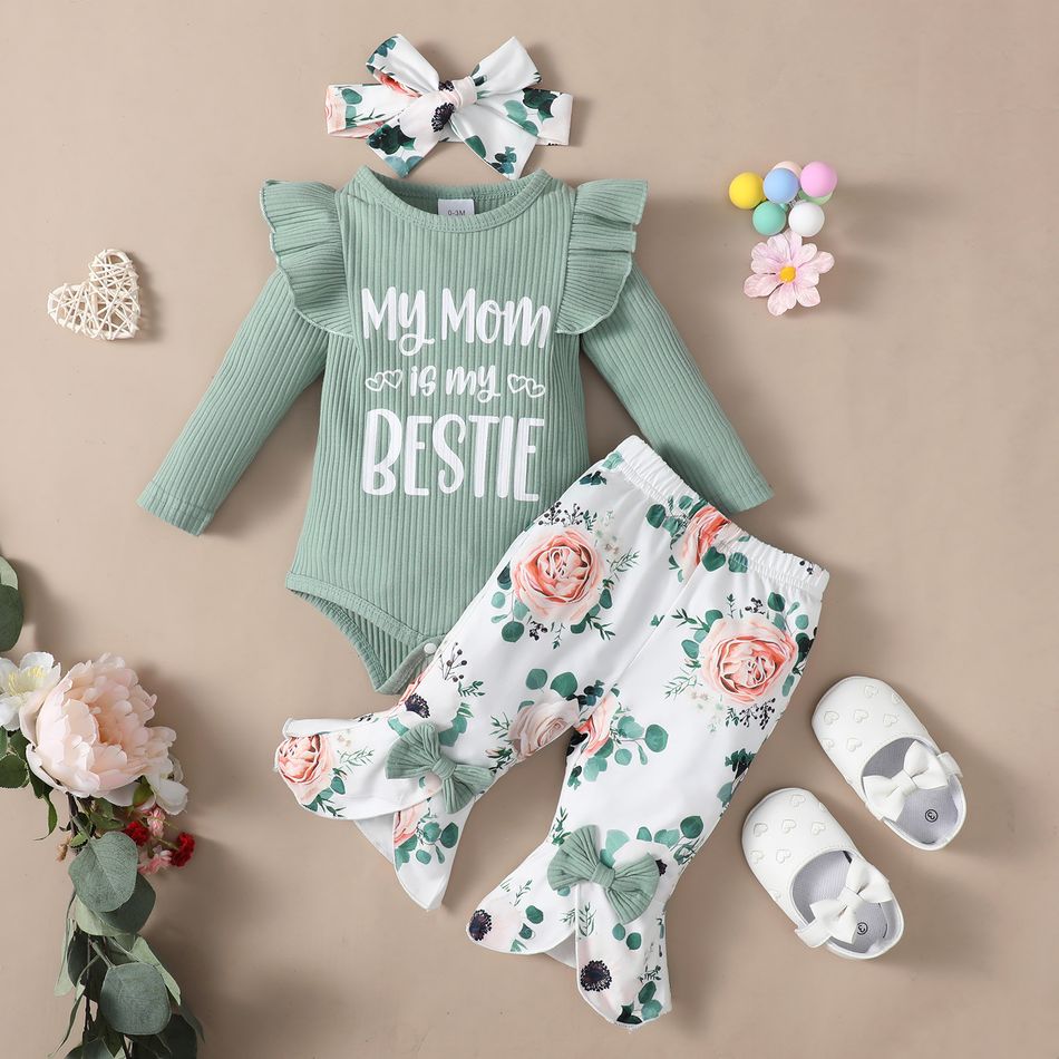 3pcs Baby Girl Letter Print Rib Knit Ruffle Trim Long-sleeve Romper and Floral Print Flared Pants with Headband Set Pale Green