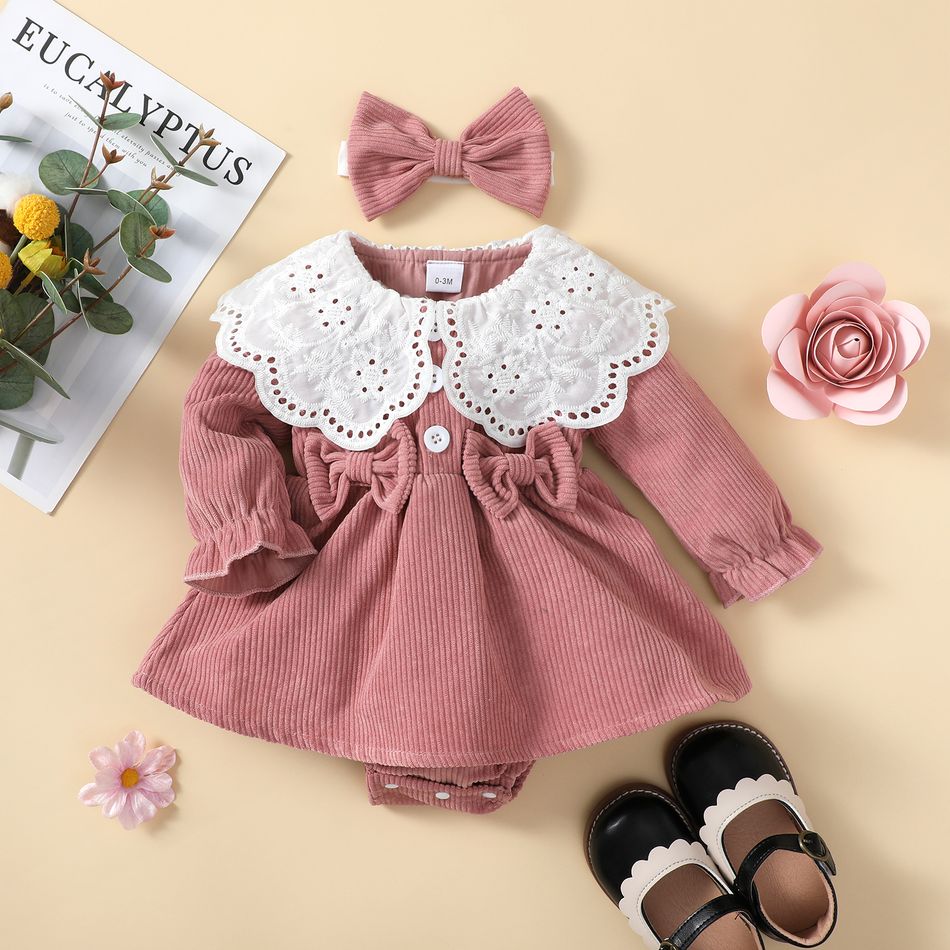 2pcs Baby Girl Statement Collar Pink Corduroy Bow Front Long-sleeve Romper Dress with Headband Set Pink big image 3