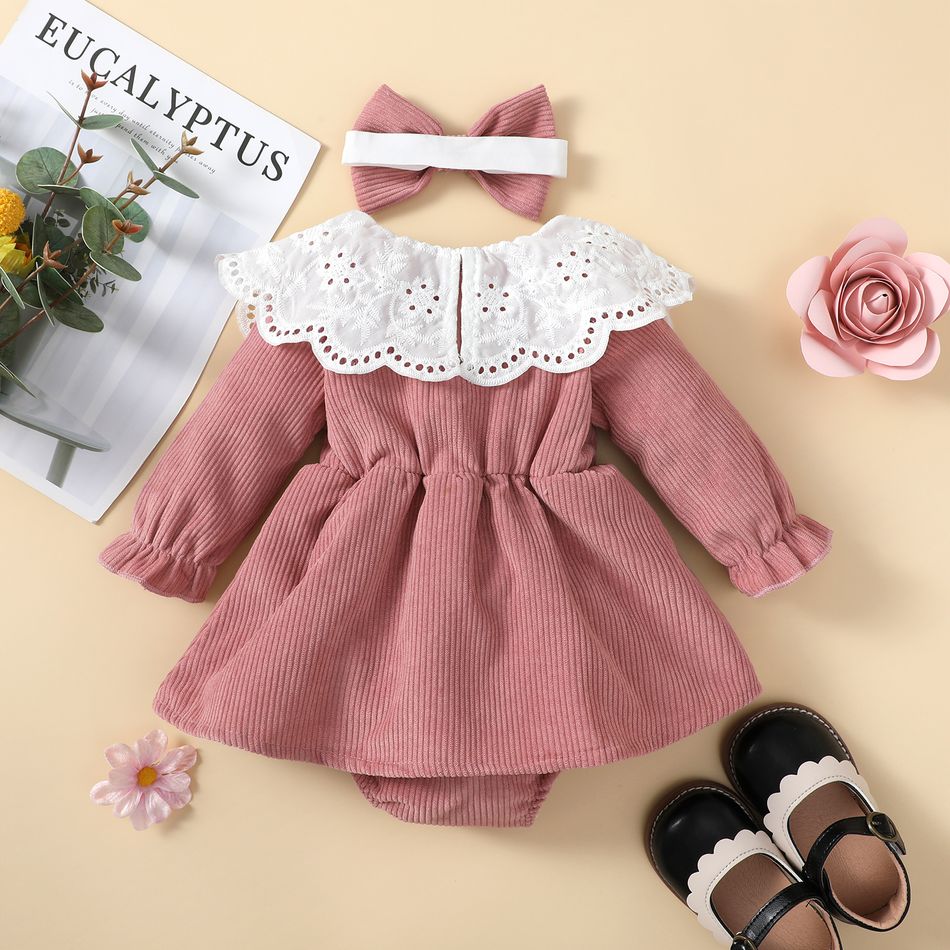 2pcs Baby Girl Statement Collar Pink Corduroy Bow Front Long-sleeve Romper Dress with Headband Set Pink big image 2