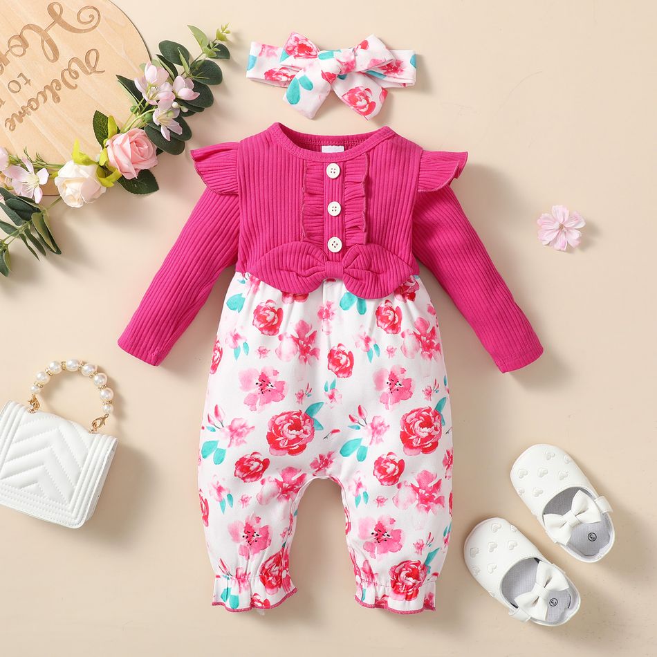 2pcs Baby Girl Hot Pink Ribbed Ruffle Long-sleeve Spliced Floral Print Jumpsuit with Headband Set Roseo big image 3