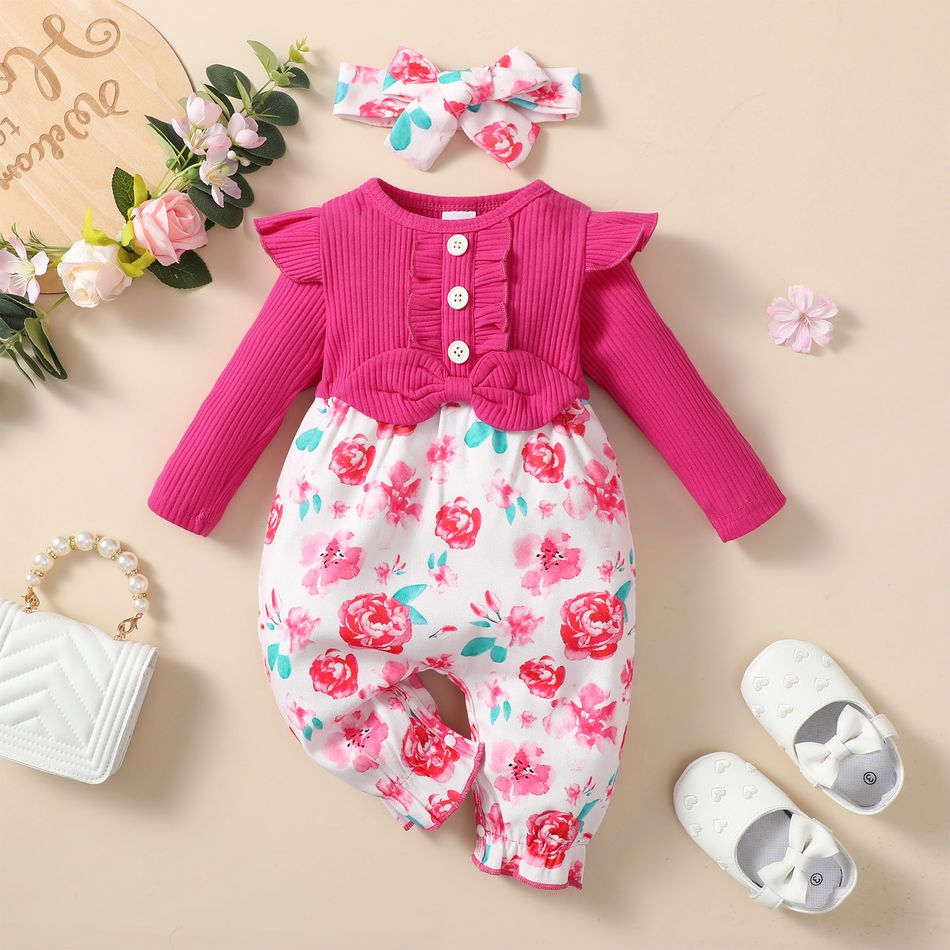 2pcs Baby Girl Hot Pink Ribbed Ruffle Long-sleeve Spliced Floral Print Jumpsuit with Headband Set Roseo big image 1