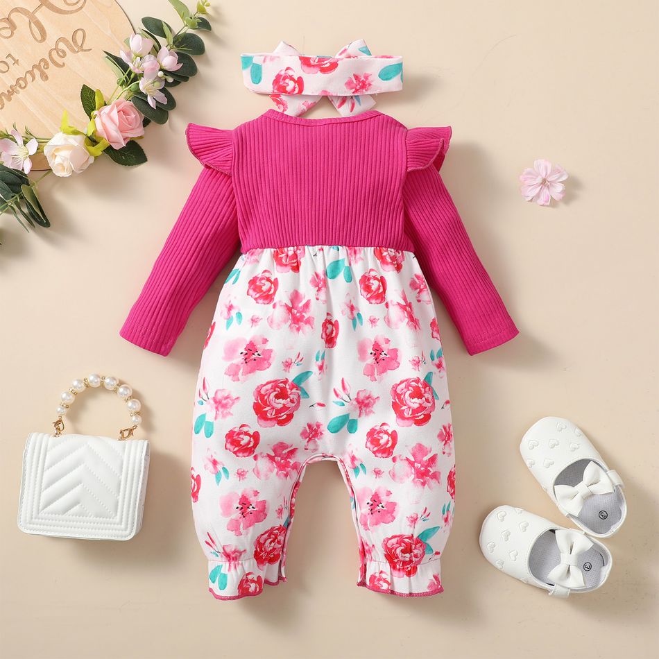 2pcs Baby Girl Hot Pink Ribbed Ruffle Long-sleeve Spliced Floral Print Jumpsuit with Headband Set Roseo big image 2
