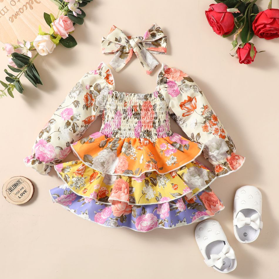 2pcs Baby Girl Allover Floral Print Square Neck Long-sleeve Layered Ruffle Trim Shirred Dress with Headband Set Colorful