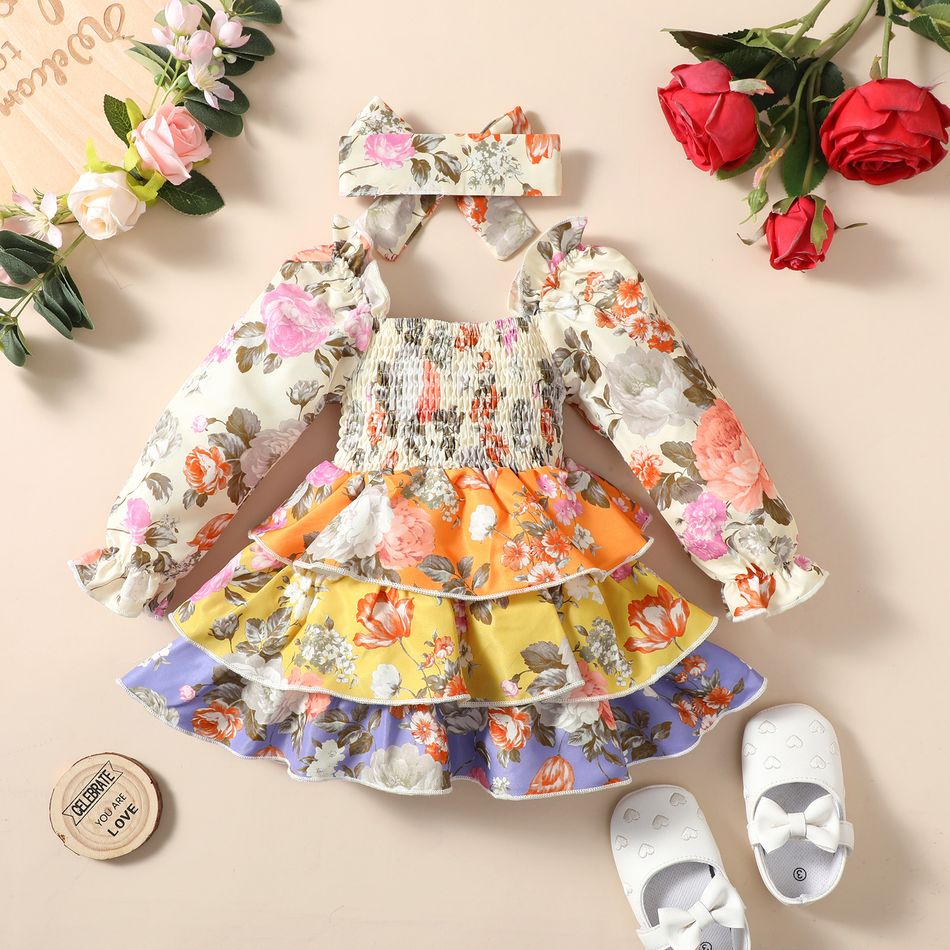 2pcs Baby Girl Allover Floral Print Square Neck Long-sleeve Layered Ruffle Trim Shirred Dress with Headband Set Colorful big image 2