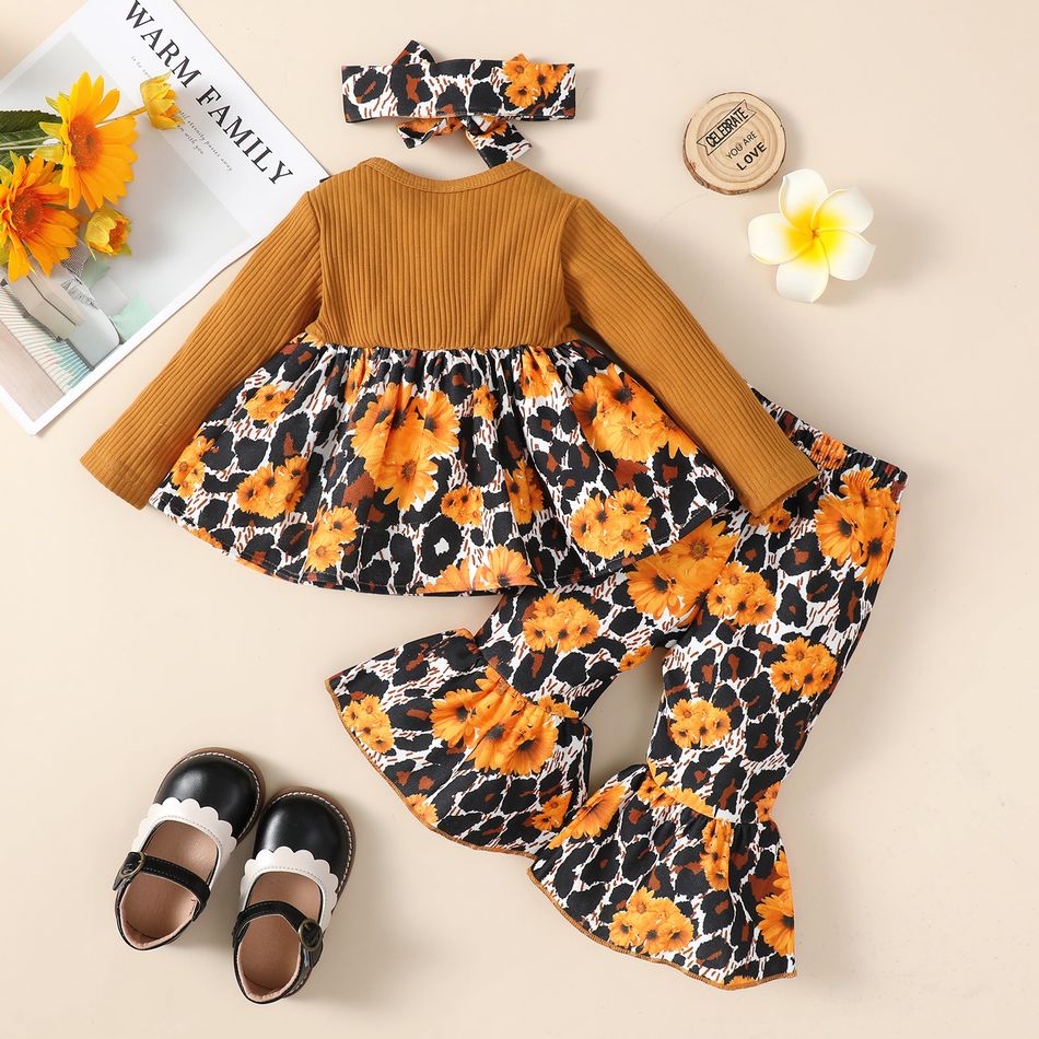 3pcs Baby Girl Solid Rib Knit Spliced Allover Sunflower & Leopard Print Bow Front Long-sleeve Top and Flared Pants with Headband Set YellowBrown big image 2