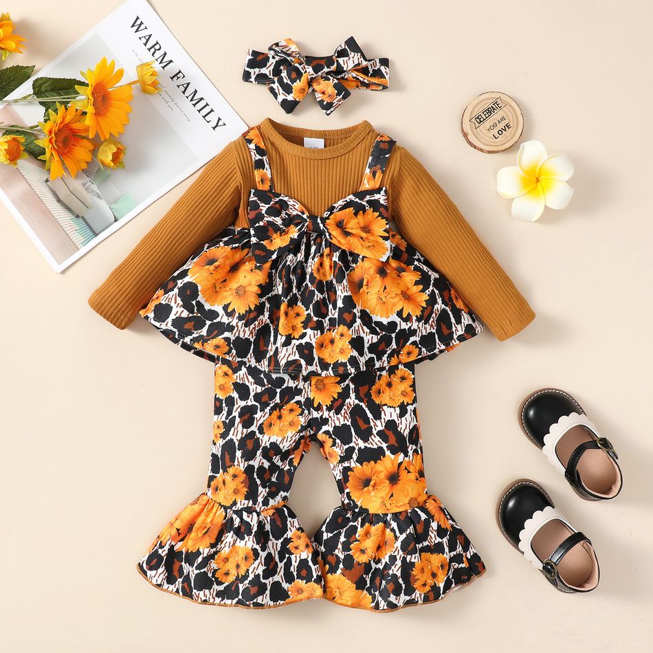 3pcs Baby Girl Solid Rib Knit Spliced Allover Sunflower & Leopard Print Bow Front Long-sleeve Top and Flared Pants with Headband Set YellowBrown big image 3