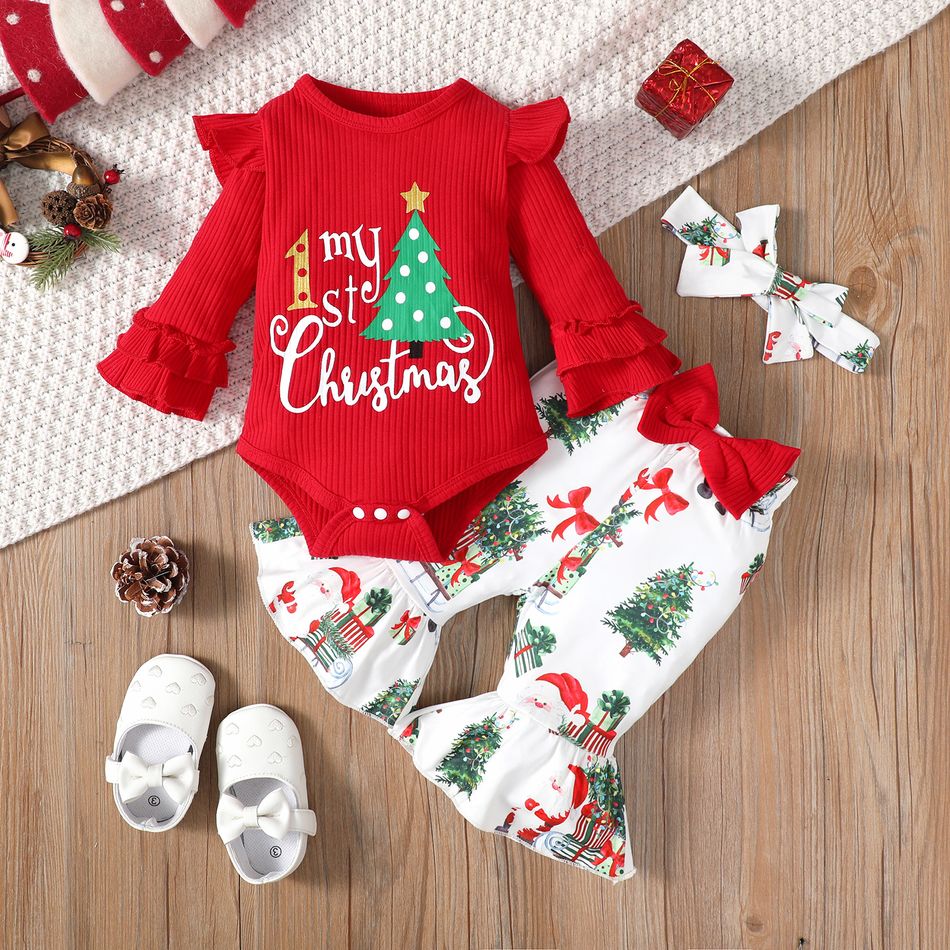 Christmas 3pcs Baby Girl Xmas Tree & Letter Print Rib Knit Long-sleeve Romper and Flared Pants with Headband Set Red