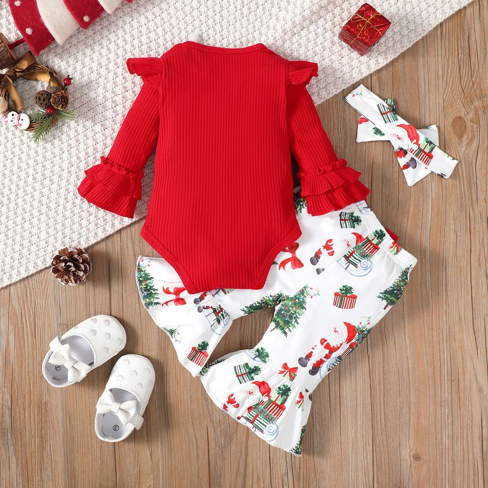 Christmas 3pcs Baby Girl Xmas Tree & Letter Print Rib Knit Long-sleeve Romper and Flared Pants with Headband Set Red big image 2