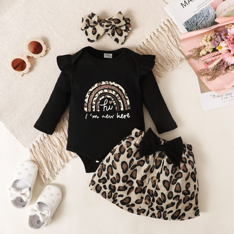 3pcs Baby Girl Rainbow & Letter Print Black Ribbed Ruffle Long-sleeve Romper and Bow Front Leopard Skirt with Headband Set Black big image 1