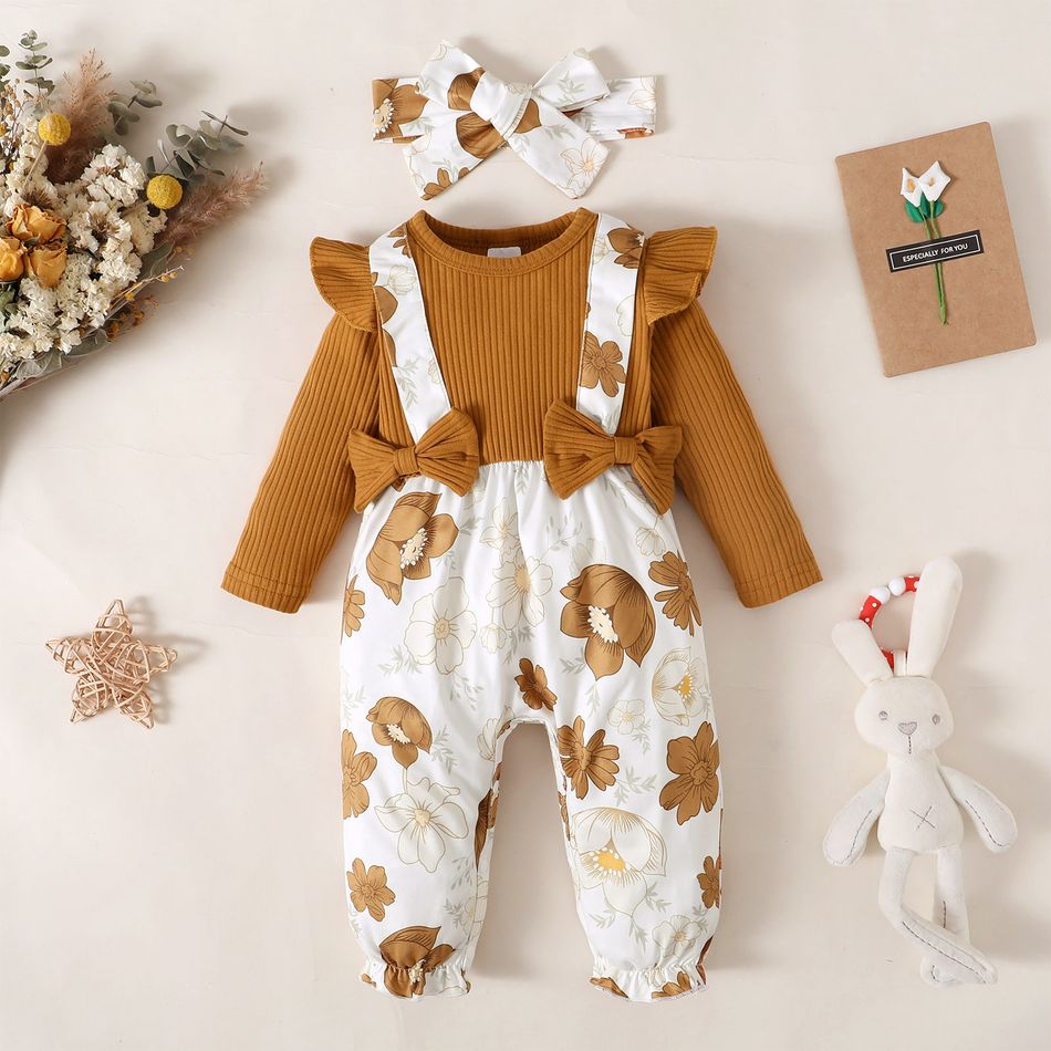 2pcs Baby Girl Solid Ribbed Ruffle Trim Bow Front Spliced Floral Print Long-sleeve Jumpsuit with Headband Set Brown big image 1
