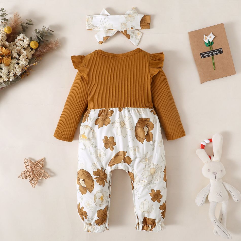 2pcs Baby Girl Solid Ribbed Ruffle Trim Bow Front Spliced Floral Print Long-sleeve Jumpsuit with Headband Set Brown big image 2