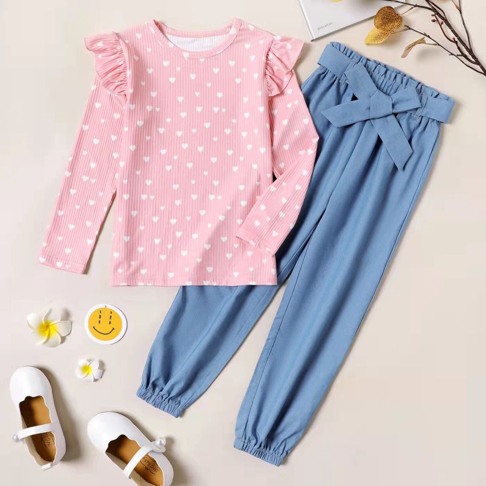 2-piece Kid Girl Heart Print Ruffled Long-sleeve Pink Top and Elegant Denim Blue Color Pants Set Pink