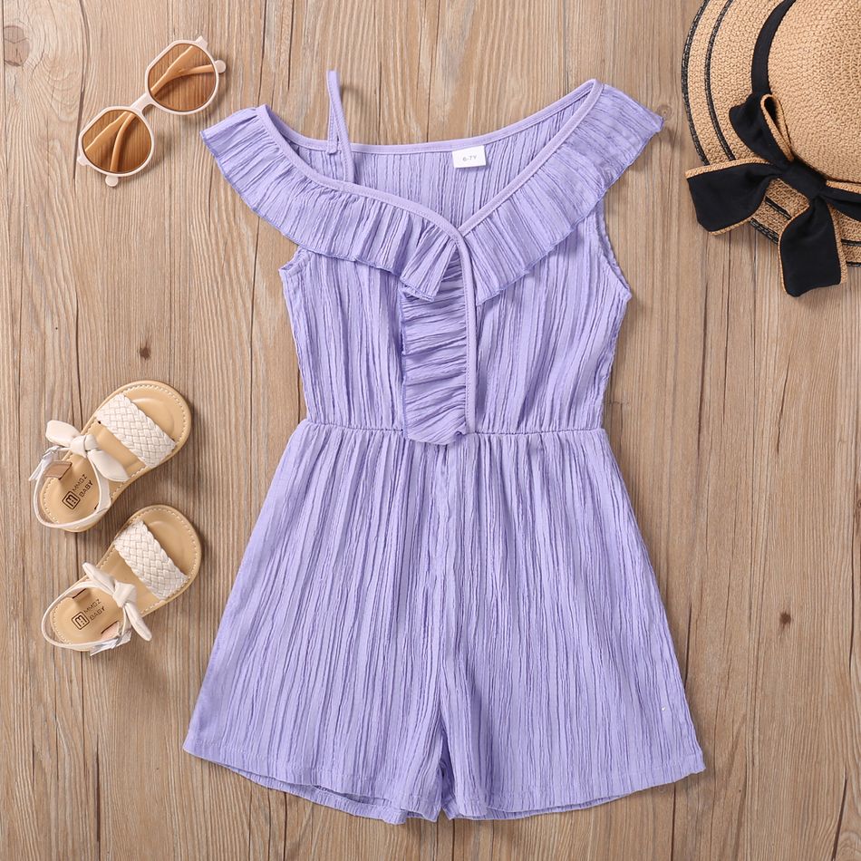 Kid Girl Solid Color Flounce Sleeveless Rompers Purple