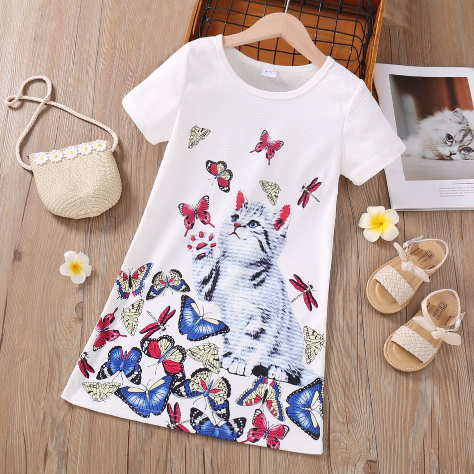 Kid Girl Animal Cat Butterfly Print Short-sleeve White Dress White