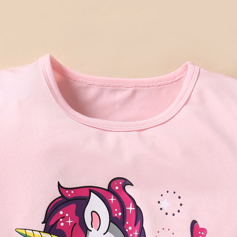 Kid Girl Unicorn Print Polka dots Glitter Mesh Design Short Puff-sleeve Party Dress Pink big image 3