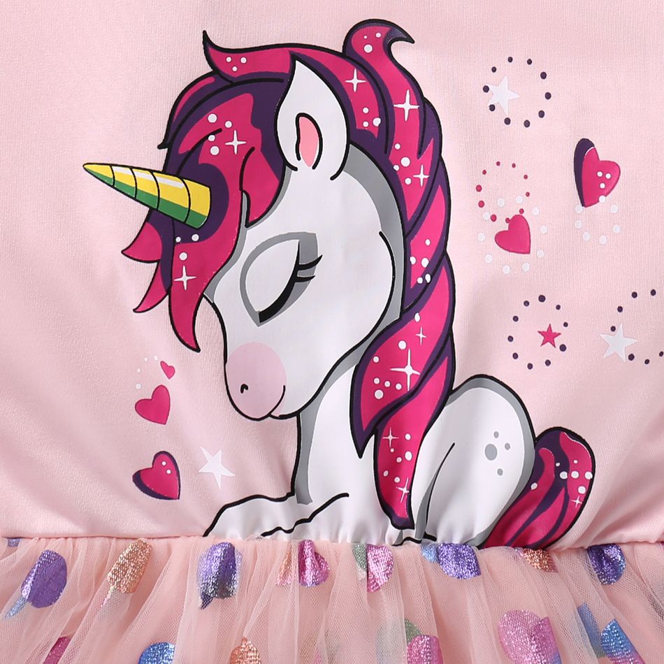 Kid Girl Unicorn Print Polka dots Glitter Mesh Design Short Puff-sleeve Party Dress Pink big image 4