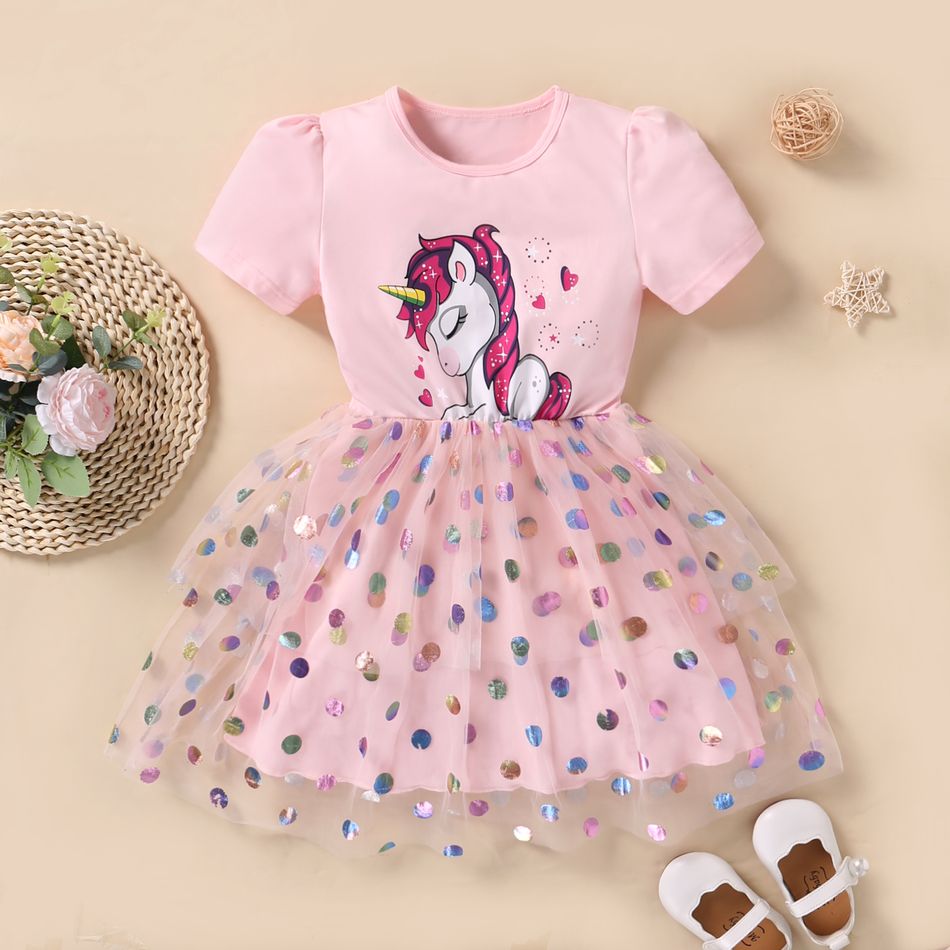 Kid Girl Unicorn Print Polka dots Glitter Mesh Design Short Puff-sleeve Party Dress Pink big image 1