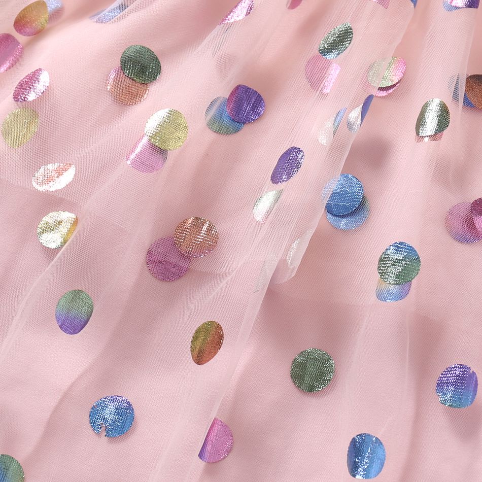 Kid Girl Unicorn Print Polka dots Glitter Mesh Design Short Puff-sleeve Party Dress Pink