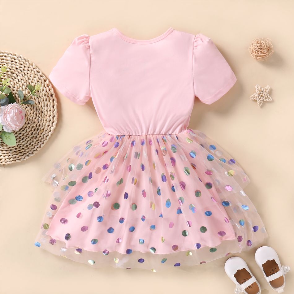 Kid Girl Unicorn Print Polka dots Glitter Mesh Design Short Puff-sleeve Party Dress Pink big image 2