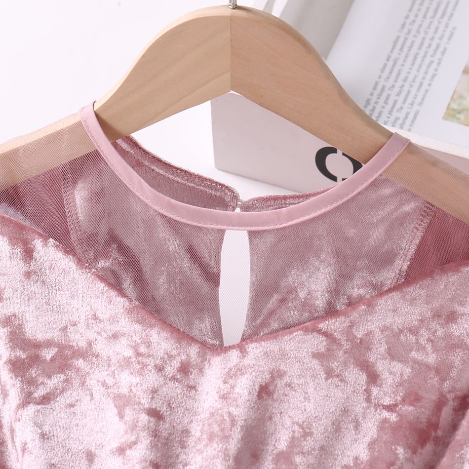 Kid Girl Bowknot Design Velvet Mesh Splice Long-sleeve Princess Party Dress Pink big image 2