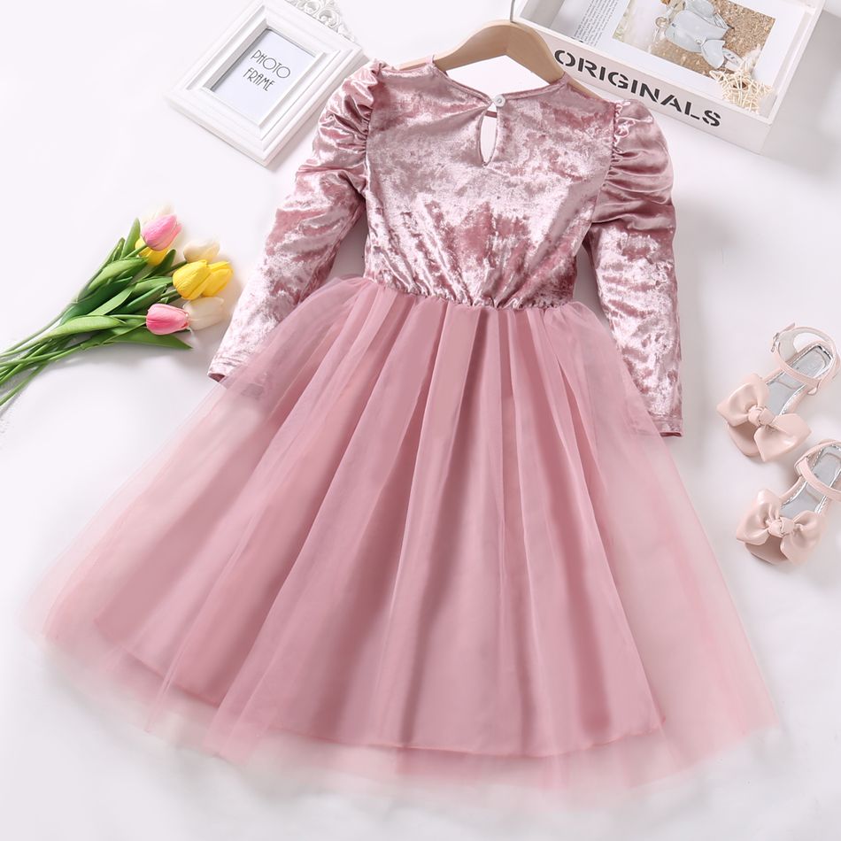 Kid Girl Bowknot Design Velvet Mesh Splice Long-sleeve Princess Party Dress Pink big image 5
