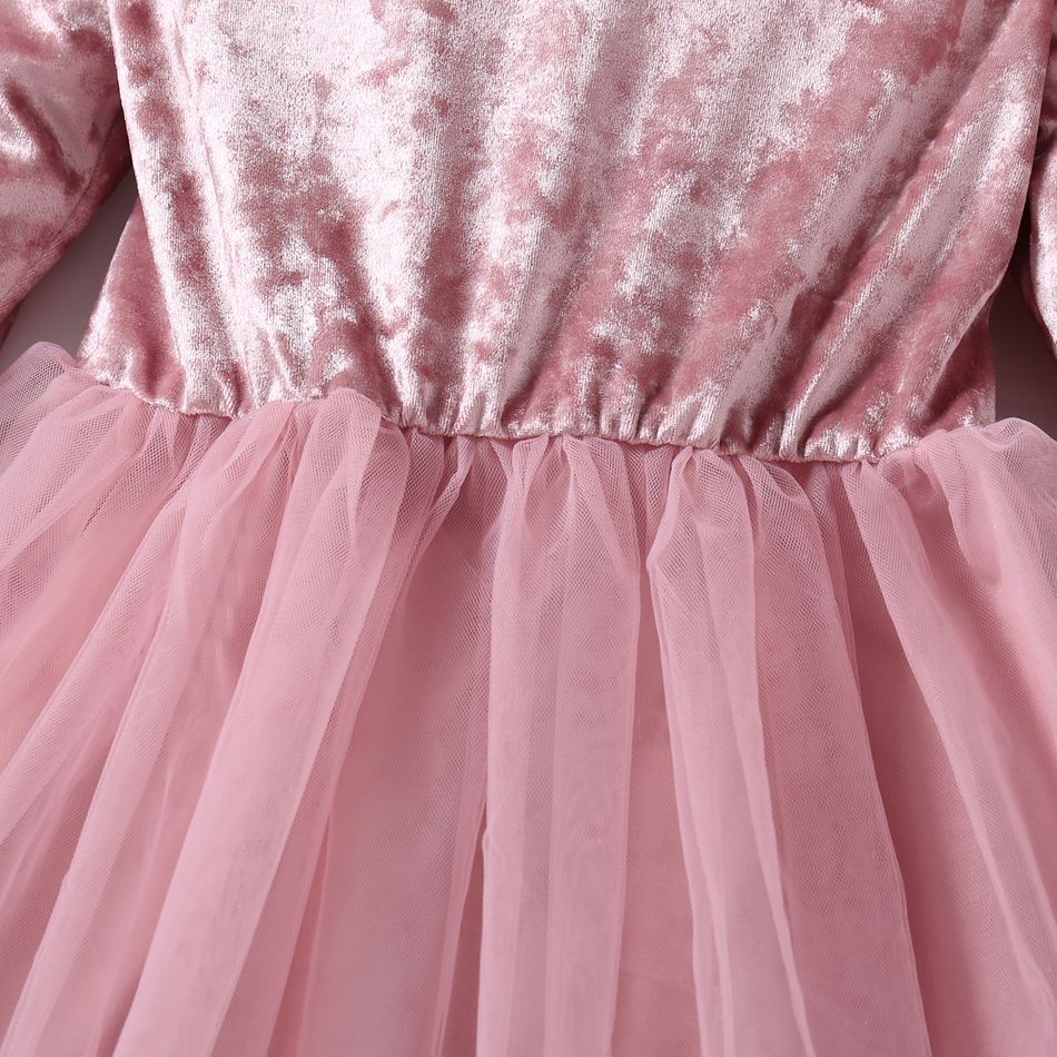 Kid Girl Bowknot Design Velvet Mesh Splice Long-sleeve Princess Party Dress Pink big image 4
