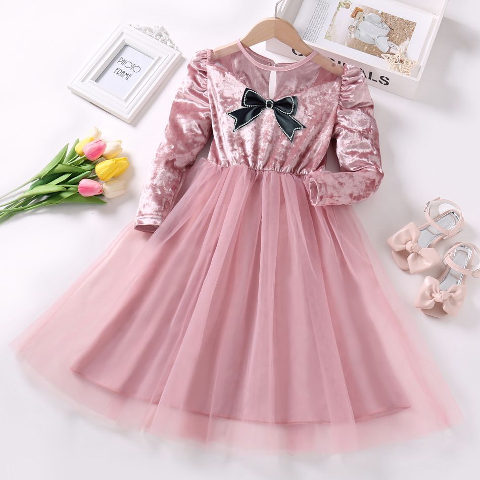 Kid Girl Bowknot Design Velvet Mesh Splice Long-sleeve Princess Party Dress Pink big image 1