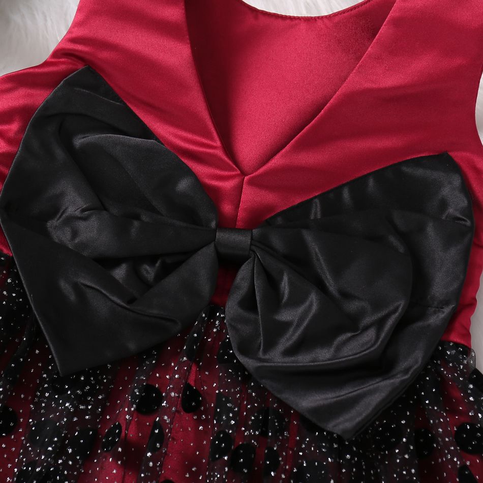 Kid Girl 3D Bowknot Design Polka dots Mesh Splice Sleeveless Party Dress Red big image 3