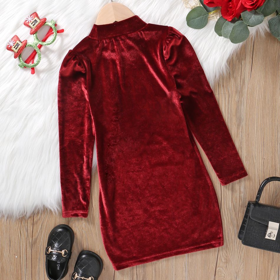 Kid Girl Solid Color Christmas Mock Neck Puff-sleeve Velvet Dress Red big image 3