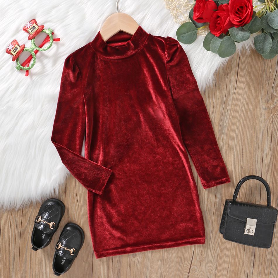 Kid Girl Solid Color Christmas Mock Neck Puff-sleeve Velvet Dress Red big image 1